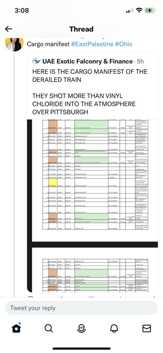 RhueSarah's tweet photo. @realstewpeters Train manifest. Carrying more than vinyl chloride. https://t.co/4zOFBFFr2A