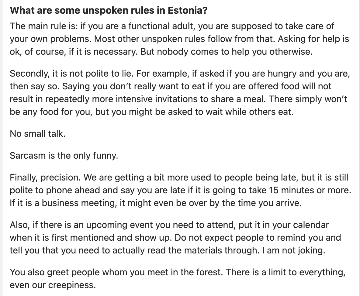 EerikNKross's tweet photo. Some unspoken rules to get by in Estonia.  In short: don't whine and get s..t done. https://t.co/qPH9dMBviU