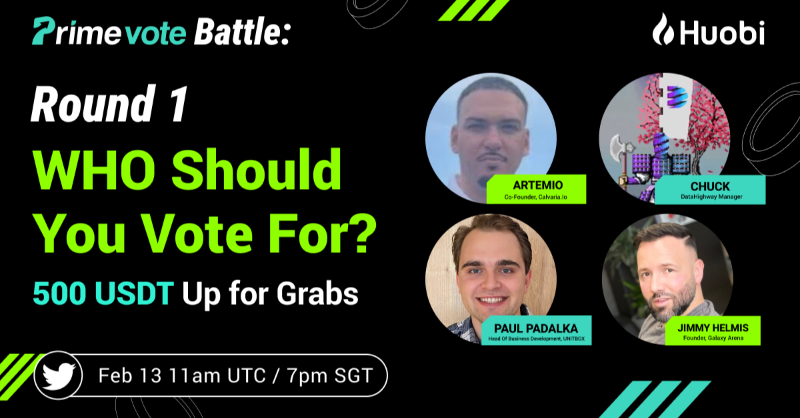 HTX_Global's tweet photo. #Huobi PrimeVote3 Twitter AMA!

Learn about #PrimeVote &amp; projects up for vote.

🧑‍🤝‍🧑@CalvariaP2E @DataHighway_DHX @Rent2Earn @galaxyarena_io

Enter to share $500:
☑️Follow @HuobiGlobal

☑️ Tag 2 + RT

☑️Join Twitter Space: https://t.co/HpOATu6jxI
☑️Answer quiz