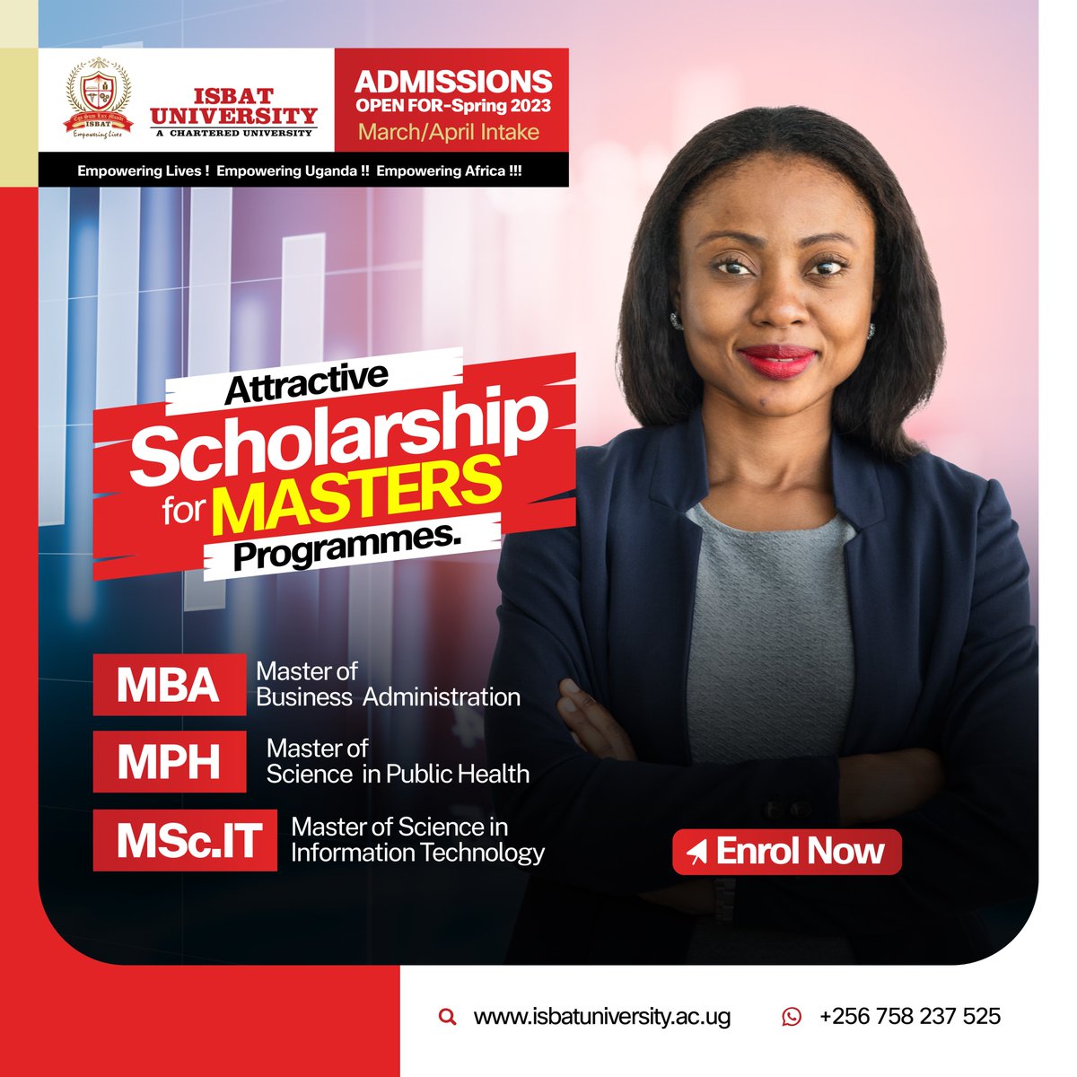 isbatkampala's tweet image. Attention all aspiring students! 🎓 ISBAT University is offering a fantastic opportunity to kickstart your academic journey with a bang! 💥 We are now offering an attractive scholarship for all our Masters programme in a range of fields. #MscIT #MBA #Healthsciences🎓