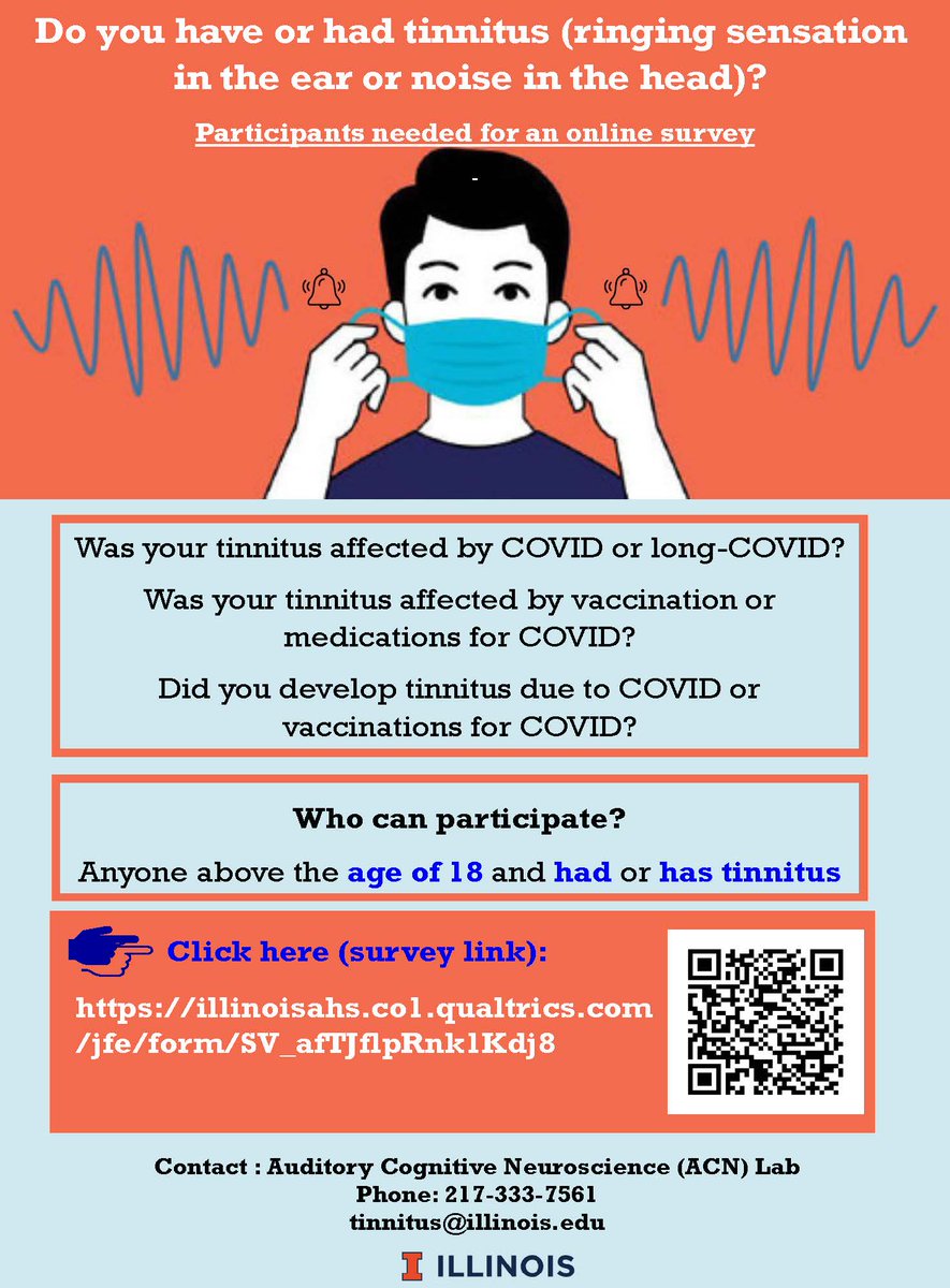 Online survey study of #tinnitus &amp; #COVID
Survey link: illinoisahs.co1.qualtrics.com/jfe/form/SV_af… <a href="/UofIllinois/">University of Illinois</a> <a href="/uk_tinnitus/">Tinnitus UK</a> <a href="/Tinnitus_USA/">American Tinnitus Association</a> <a href="/aaafoundation/">American Academy of Audiology Foundation</a> <a href="/TinnitusHub/">Tinnitus Hub</a> <a href="/uniti_project/">UNITI</a> <a href="/TRI_TinnitusRes/">TRI Foundation</a> <a href="/StiftungCharite/">Stiftung Charité</a> <a href="/2023_TRI/">230 j</a> <a href="/susan_abraham1/">The International Tinnitus Journal</a> <a href="/CederrothCR/">Christopher R. Cederroth</a> <a href="/schoisswohl/">Stefan Schoisswohl</a> <a href="/MSchecklmann/">Martin Schecklmann</a> <a href="/LenireTinnitus/">Lenire Tinnitus Treatment Device</a>