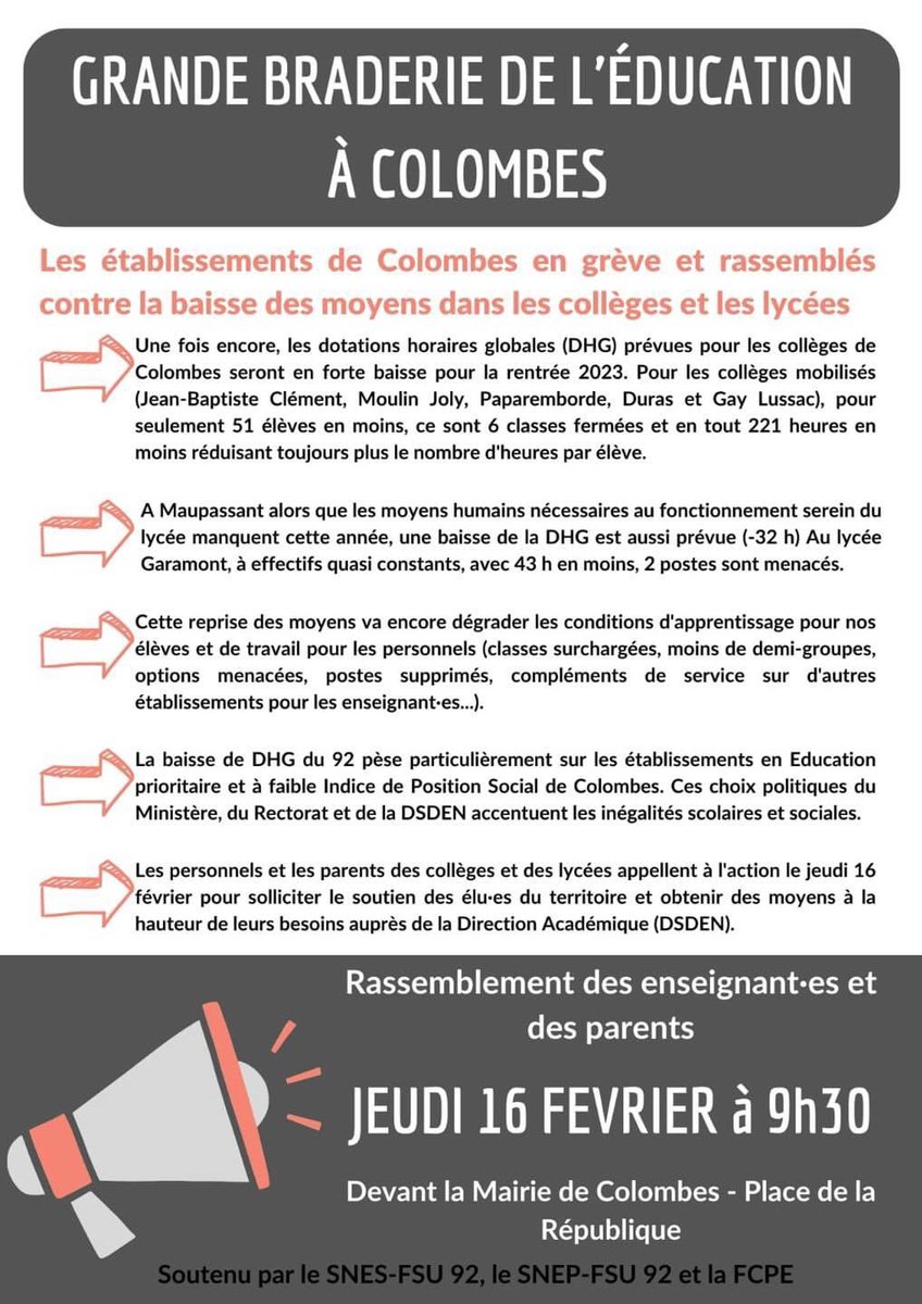SNESVersailles's tweet photo. Grande braderie de l'#Éducation à #Colombes pour la #Rentrée2023
🗓️ jeudi 16 février à 9h30 
📍Mairie de #Colombes
Toutes les infos dans notre article 👇
https://t.co/vJ9M7oY4cZ https://t.co/MCO6g1gLFv