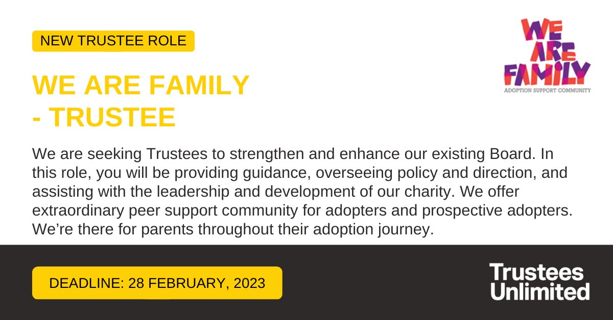 *** NEW TRUSTEE ROLE ***

@WAFadoption is seeking Trustees to strengthen and enhance our existing Board. 

Deadline: 28 February

More info: ow.ly/IVq950MHBGX

#Leadership #Governance #CharityTrustee #TrusteeRole #Trustee #VolunteerRole #CharityJob