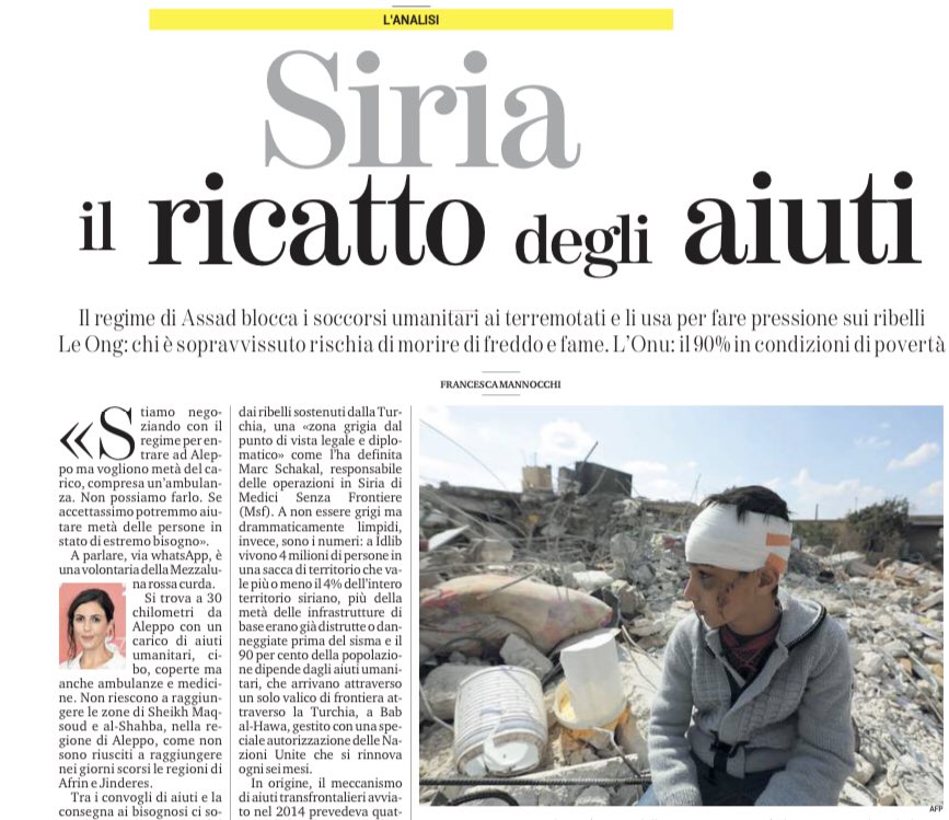 MarcoFattorini's tweet photo. «Stiamo negoziando con il regime di Assad per entrare ad Aleppo con gli aiuti umanitari, ma vogliono metà del carico, compresa un’ambulanza…» #Siria https://t.co/zGQA06mXiG