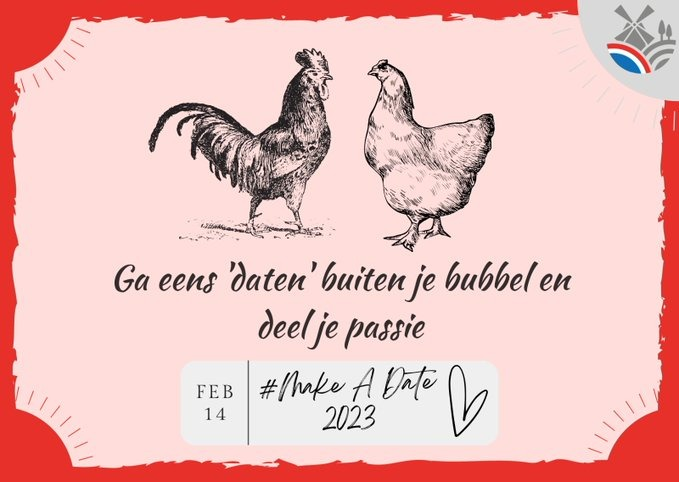 Nodig op #valentijnsdag❤️ iemand buiten je boerenbubbel uit voor een goed gesprek en deel je passie!

Waar gaat jouw boerenhart sneller van kloppen?

Doe mee, maak een originele uitnodiging (fysiek of digitaal) deel je resultaat -> #Makeadate23💚 en heb een #happyvalentinesday