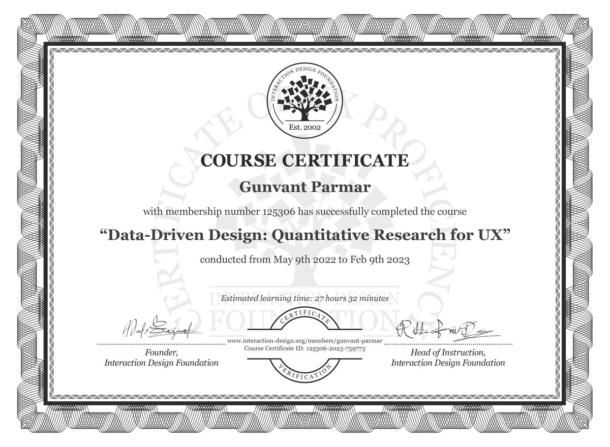 I’m happy to share that I’ve obtained a new certification: 🎓 Data-Driven Design: Quantitative Research for UX from The Interaction Design Foundation!
#datadrivendesign #idf #ixdf #interactiondesign #gdp #yourgrowthpartner #design #data #research #SharePost #uidesign #uxresearch