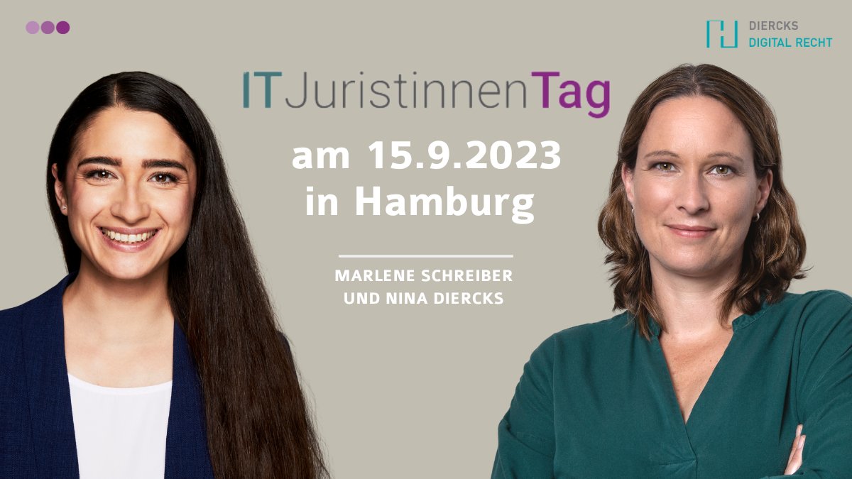 IT Juristinnen Tag (@itjuristinnen) on Twitter photo Gooood Morning! Save the date. Oder meldet Euch gleich an! Und zwar zum 4. IT JuristInnen Tag am 15.09.2023 in Hamburg. Wie immer von und mit <a href="/MFSchreiber/">Marlene Schreiber</a> von <a href="/haerting/">HÄRTING Rechtsanwälte</a> und <a href="/RAinDiercks/">RA'in Nina Diercks 🇪🇺</a> von <a href="/KanzleiDiercks/">Anwaltskanzlei Diercks</a>. Alle Informationen und Tickets zum #ITJurT23 ⏬
it-juristinnentag.de Gooood Morning! Save the date. Oder meldet Euch gleich an! Und zwar zum 4. IT JuristInnen Tag am 15.09.2023 in Hamburg. Wie immer von und mit <a href="/MFSchreiber/">Marlene Schreiber</a> von <a href="/haerting/">HÄRTING Rechtsanwälte</a> und <a href="/RAinDiercks/">RA'in Nina Diercks 🇪🇺</a> von <a href="/KanzleiDiercks/">Anwaltskanzlei Diercks</a>. Alle Informationen und Tickets zum #ITJurT23 ⏬
it-juristinnentag.de
