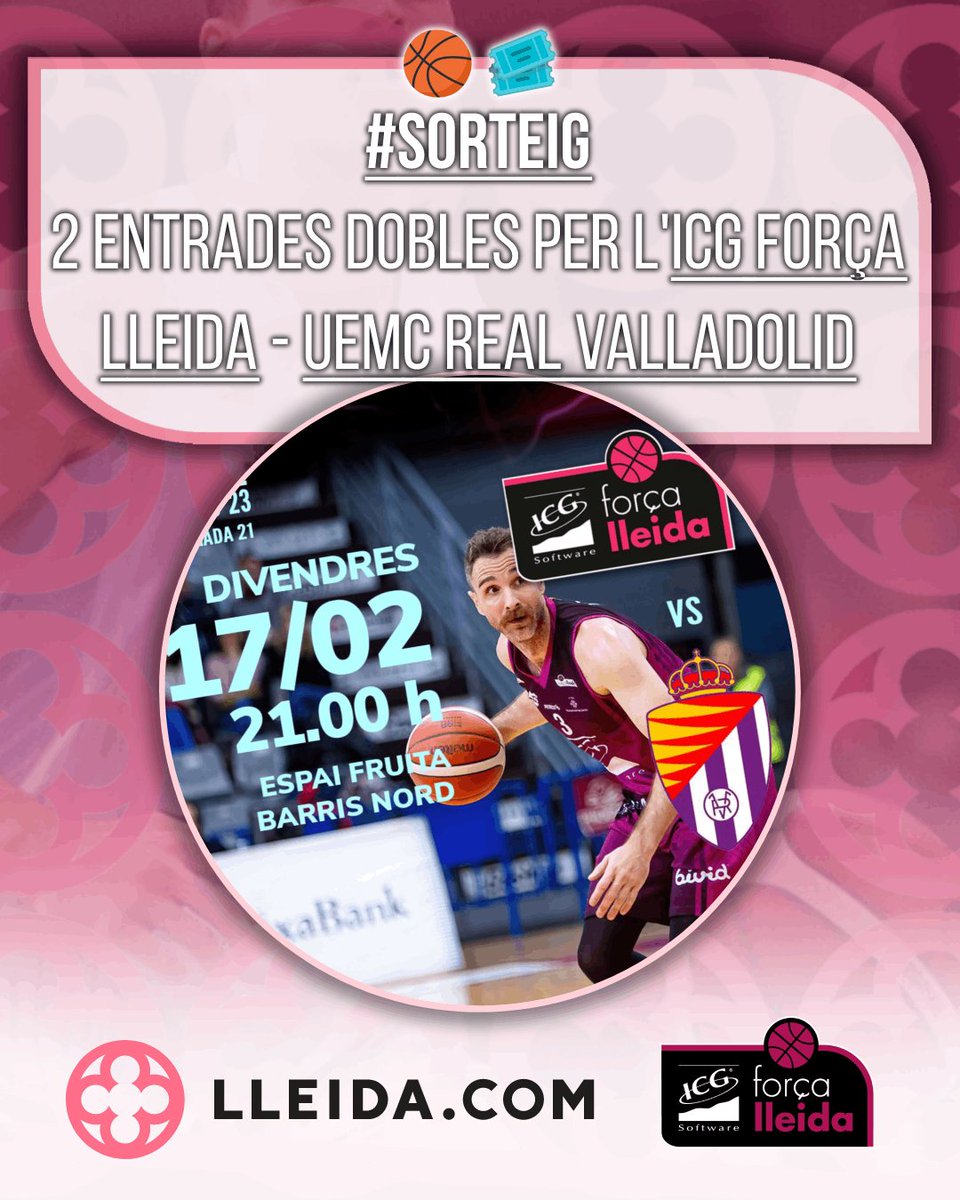 Lleidacom_ag's tweet photo. 🏀 #SORTEIG | Regalem 2 ENTRADES DOBLES per l'ICG #ForçaLleida 🆚 UEMC Real Valladolid! 👇
1️⃣ Like❤️+RT🔃
2️⃣ Menciona/comenta amb qui hi aniries
3️⃣ Segueix @Lleidacom_ag, @lleidacom i @flleida
🍀 Tancament 16/02 (11h)
🔗 Bases: https://t.co/zMh29tCKnQ https://t.co/sKXjdtRR84