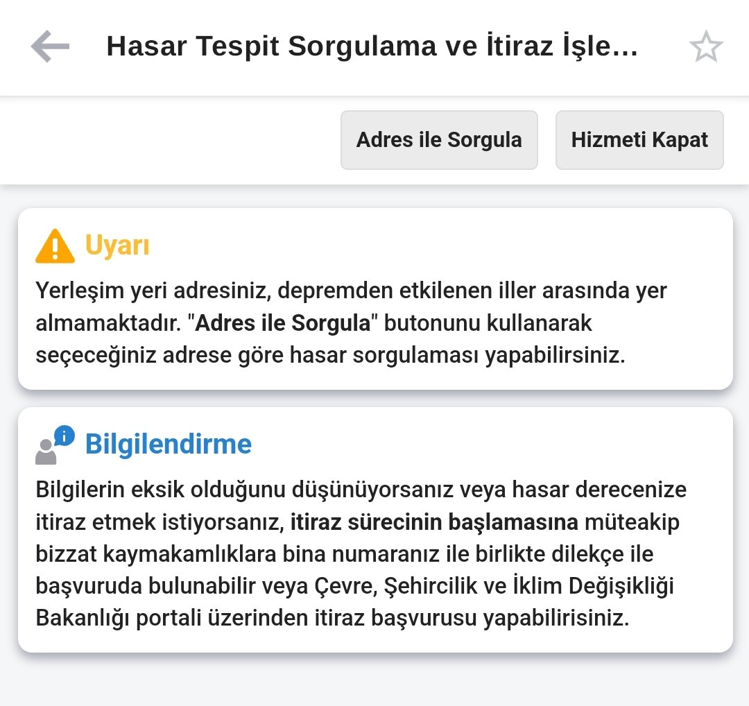 2 gün önce hasar tespit ekipleri gelip gezdikçe sisteme giriyorlardi , şimdi ise e devlette böyle görünüyor 
#Osmaniye #OsmaniyeDeprem 
medyada zaten yokuz, Adana'dan daha çok etkilendiğimiz halde şimdi devletçe de yokuz