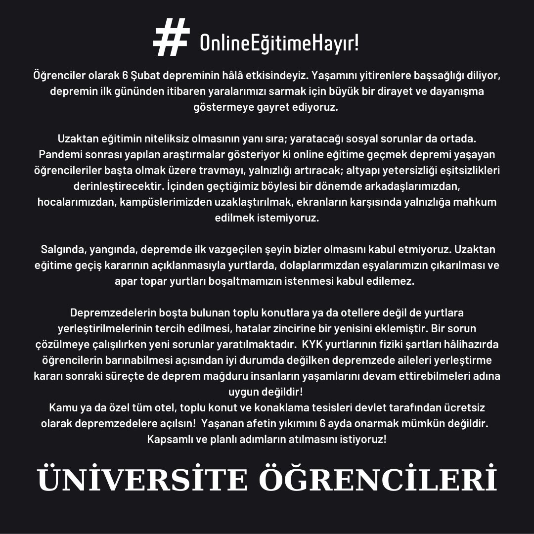 Uzaktan eğitime HAYIR! <a href="/erolozvar/">Erol Özvar</a> <a href="/YuksekogretimK/">Yükseköğretim Kurulu (YÖK)</a> #yapmayın #uzaktan #Uzaktanegitimİstemiyoruz #YurtlarÇözümDeğil #kykçözümdeğil