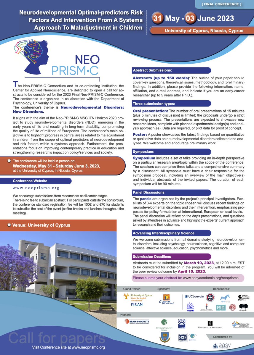 🚨CALL FOR ABSTRACTS
Our consortium is pleased to invite you to submit an abstract for our final conference themed 'Neurodevelopmental Disorders: New Directions', taking place from May 31- June 3, 2023 in Nicosia. 
Submission deadline: March 10, 2023. 
More information below!