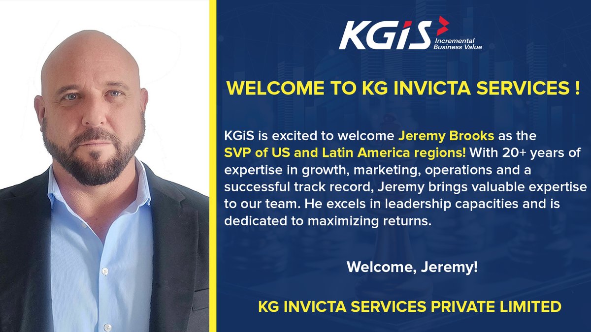 kginvicta's tweet photo. KG Invicta Services (KGiS), a leader in business process consulting and management services (BPCM), has announced the appointment of Mr. Jeremy M. Brooks as the Senior Vice President of USA & LATAM.
#svp #bpcm #newsrelease #kgis https://t.co/l8ZAKXfF51