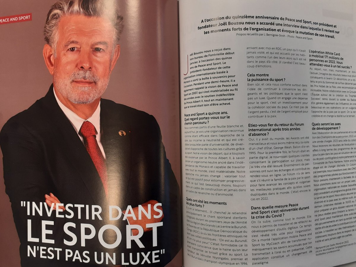 peaceandsport's tweet image. Le Président-Fondateur de @peaceandsport Joël Bouzou revient sur les moments forts de l&apos;org. dans le dernier numéro de @CodeSportMonaco ! Retrouvez également l&apos;interview de la Championne de la Paix @HoneyThaljieh et du Directeur adjoint de la stratégie Olympism 365 @o_dud ! 👏