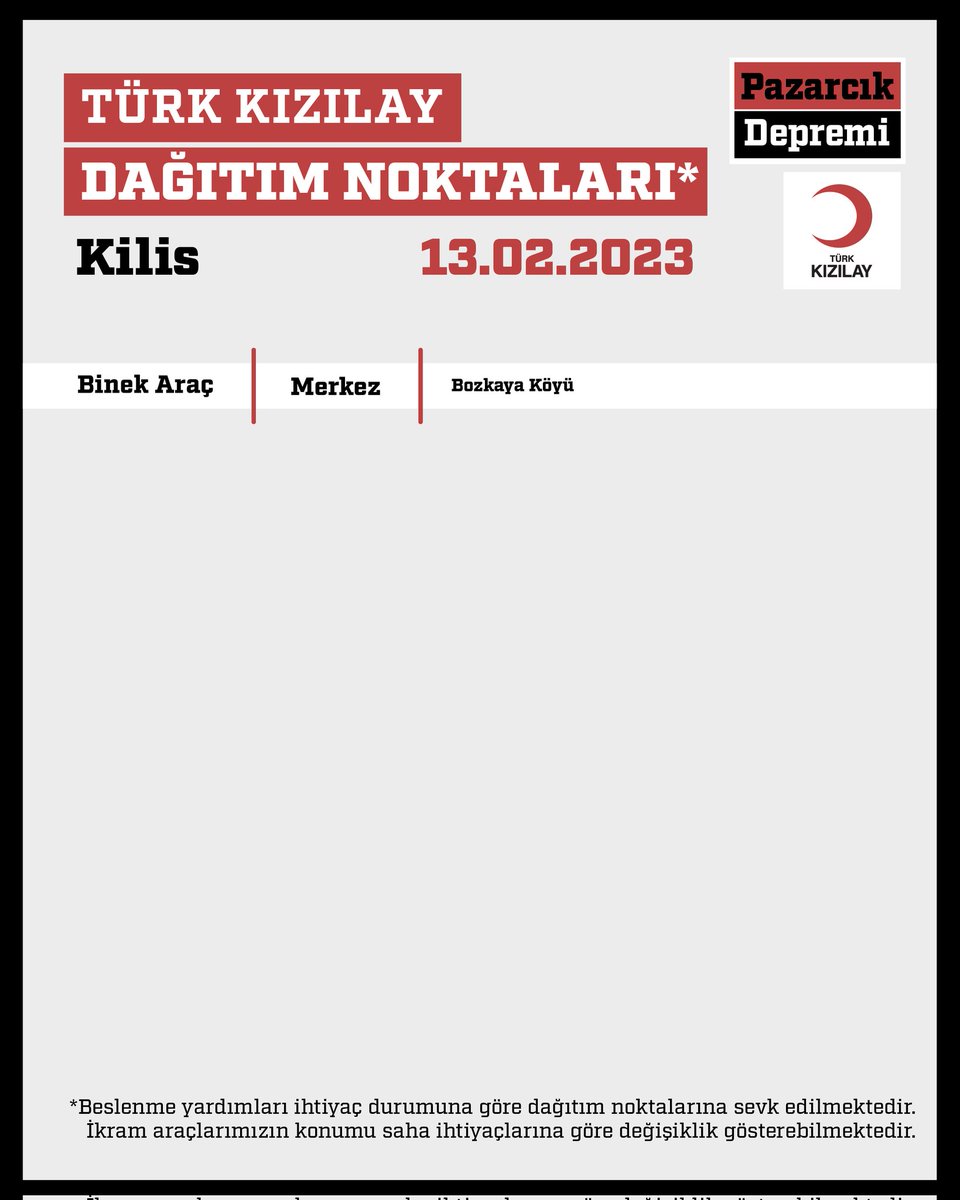 🟥 DAĞITIM NOKTALARIMIZ
📍 Kilis
📆 13.02.2023 Pazartesi