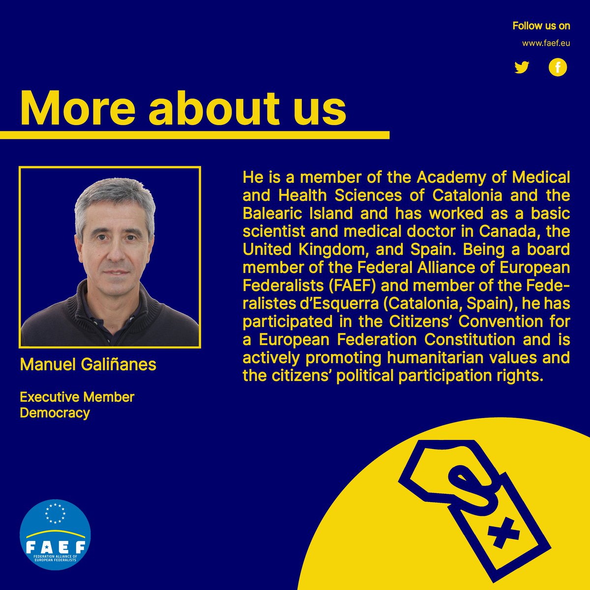 FaefOf's tweet photo. ❓Do you know who is behind Faef? 
Today we talk about a new entry in team big team of Faef, our Executive Member Manuel Galinanes. Manuel is a member of the Academy of Medical and Health Sciences of Catalonia.

Discover more about our team on 👇
https://t.co/NGkGZkYBC2

#UE https://t.co/3ehlcyGYT0
