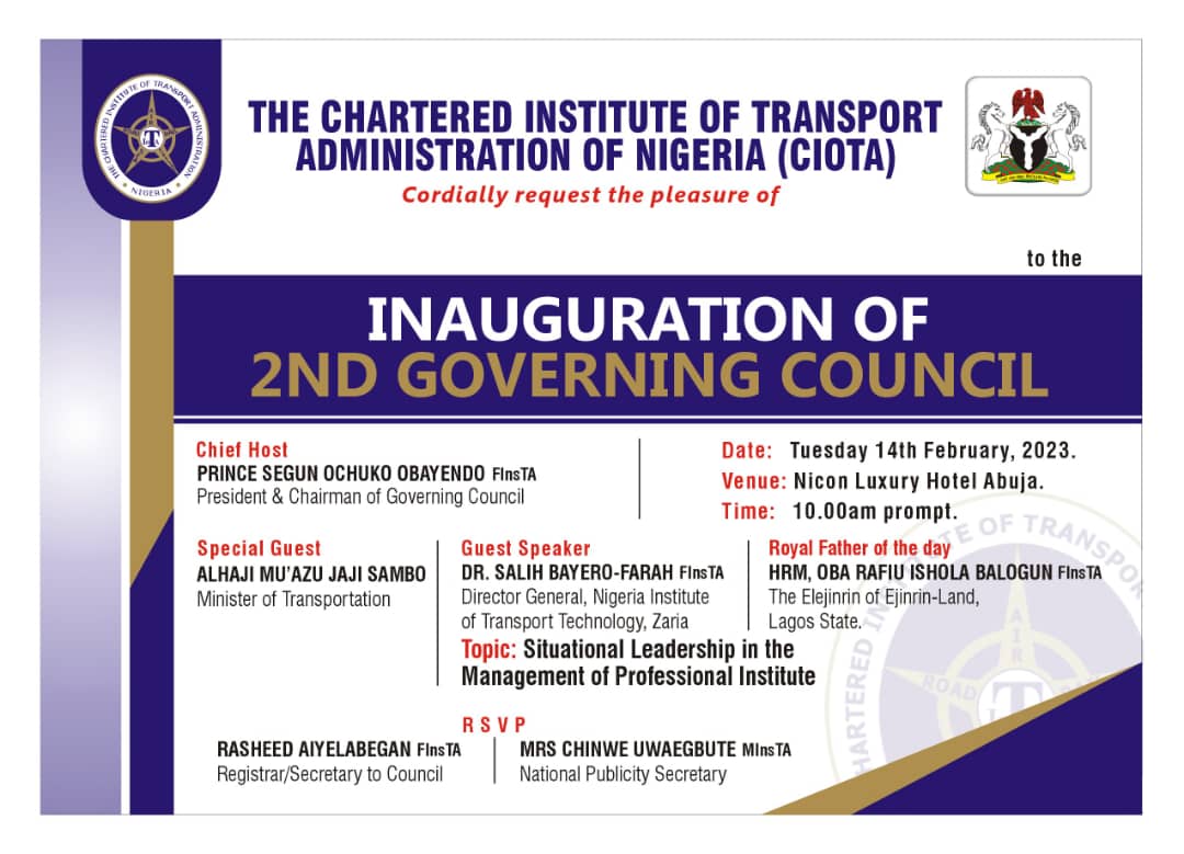 Good morning Transportants, this is to bring to your notice the Inauguration of the 2nd Governing Council happening tomorrow. Details of the event is on the e-flyer attached. Do have a wonderful day.