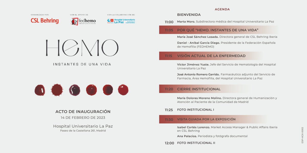 LEVIN_CC's tweet photo. ⏰¡Ya está todo listo!
🗓️Mañana, 14 de febrero - 🏥H.U. La Paz

Acompáñanos en la inauguración de la exposición #HEMOInstantesDeUnaVida, una iniciativa de @CSLBehring y @fedhemo, y descubre las historias que se esconden detrás de la hemofilia🩸

¡No te lo puedes perder! https://t.co/qpxYIF0uFA