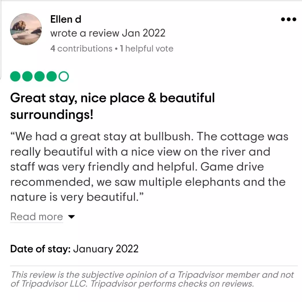 Bullbushcamp's tweet photo. We take customer feedback very seriously.
Read some of our reviews from our guests. https://t.co/v10q9Ve0kD