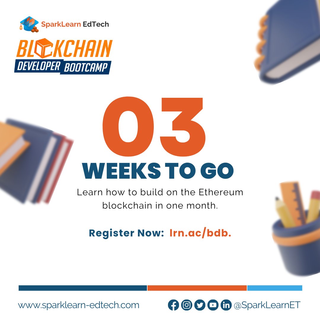 SparkLearnET's tweet photo. It's less than a month and we'll start the 3rd cohort of our #Blockchain Developer #Bootcamp. π
Registration is still ongoing. See you this March! β¨
Visit https://t.co/UMKAJK9I9H for more details.
#BDBC3 #Web3 #developer https://t.co/tCAito9xki