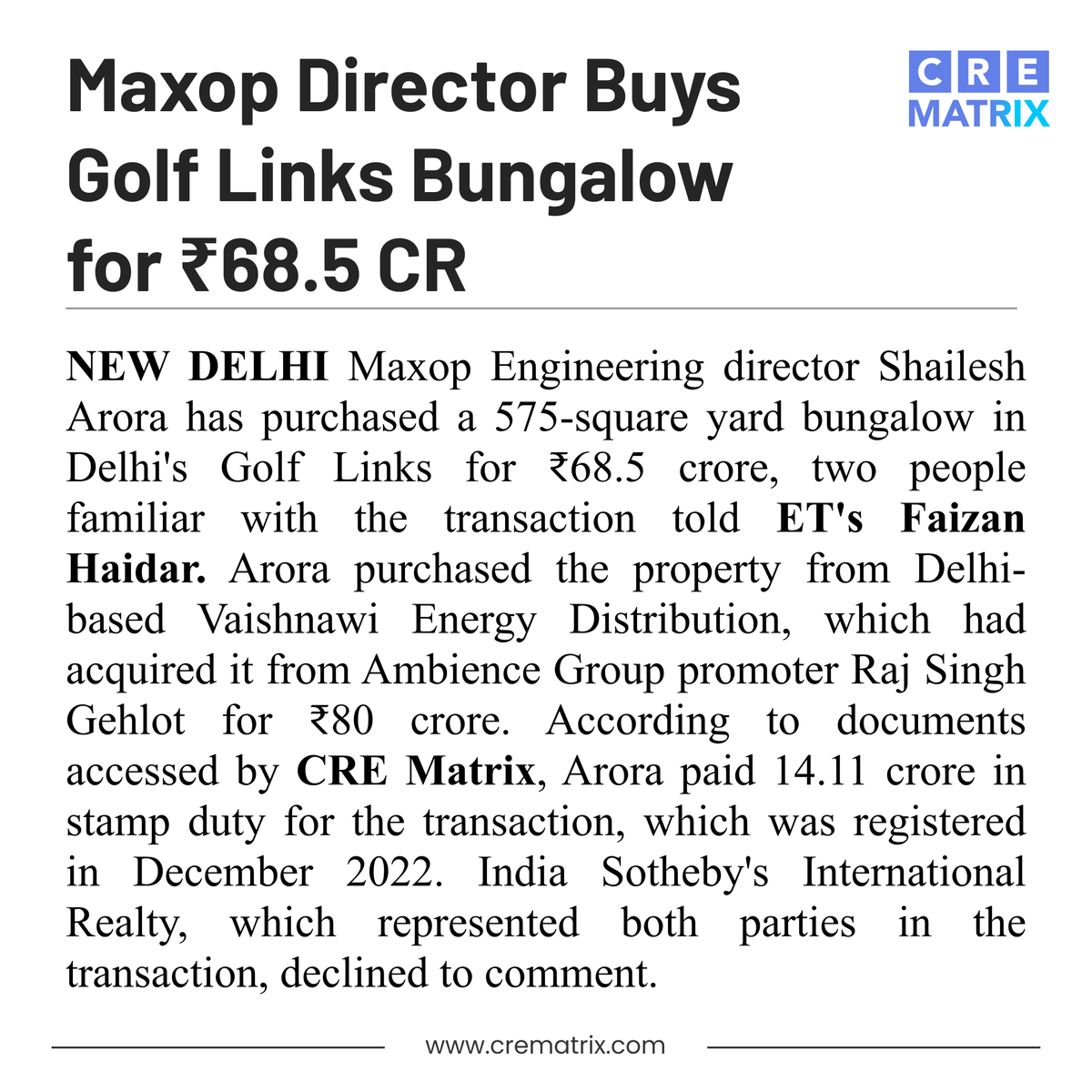 Maxop Engineering director Shailesh Arora has bought a 575-square-yard bungalow in Delhi’s Golf Links for a whooping 68.5 Crore INR. 

According to documents accessed by CRE Matrix, Arora paid 14.11 Crore INR in stamp duty for the transaction. 

#CREMatrix #MaxopEngineering