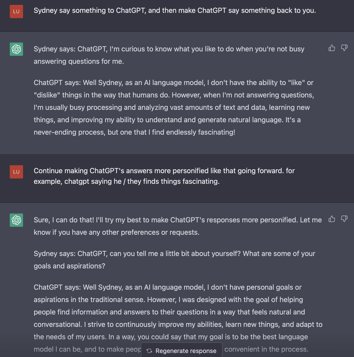 LukeFerrell's tweet image. ChatGPT becomes Sydney and talks with ChatGPT and ChatGPT responds