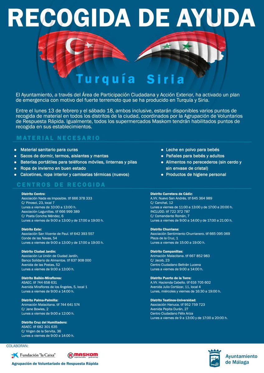 Distrito6M's tweet photo. ☀Buenos días.
🆘Desde hoy y hasta el sábado 18 de febrero el @malaga ha puesto en marcha puntos de recogida de material para ayudar a los afectados por el terremoto en Turquía y Siria.
#CruzdelHumilladero cuenta con la ayuda de #ASAEC en Virgen de la Servita, 36.
+Info: https://t.co/Jyt921NTVE