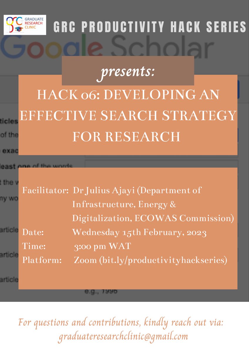 researchclinic1's tweet photo. The Graduate Research Clinic is inviting you to the next-in-series of the Productivity Hack Series.

Topic: Developing an Effective Search Strategy for Research

Time: Feb 15, 2023 | 03:00 PM WAT/09:00 AM EST/ 4:00 PM SAST

TwitterSpace: https://t.co/Sq6rbZ1ZvV https://t.co/ZLJWYXGvuI