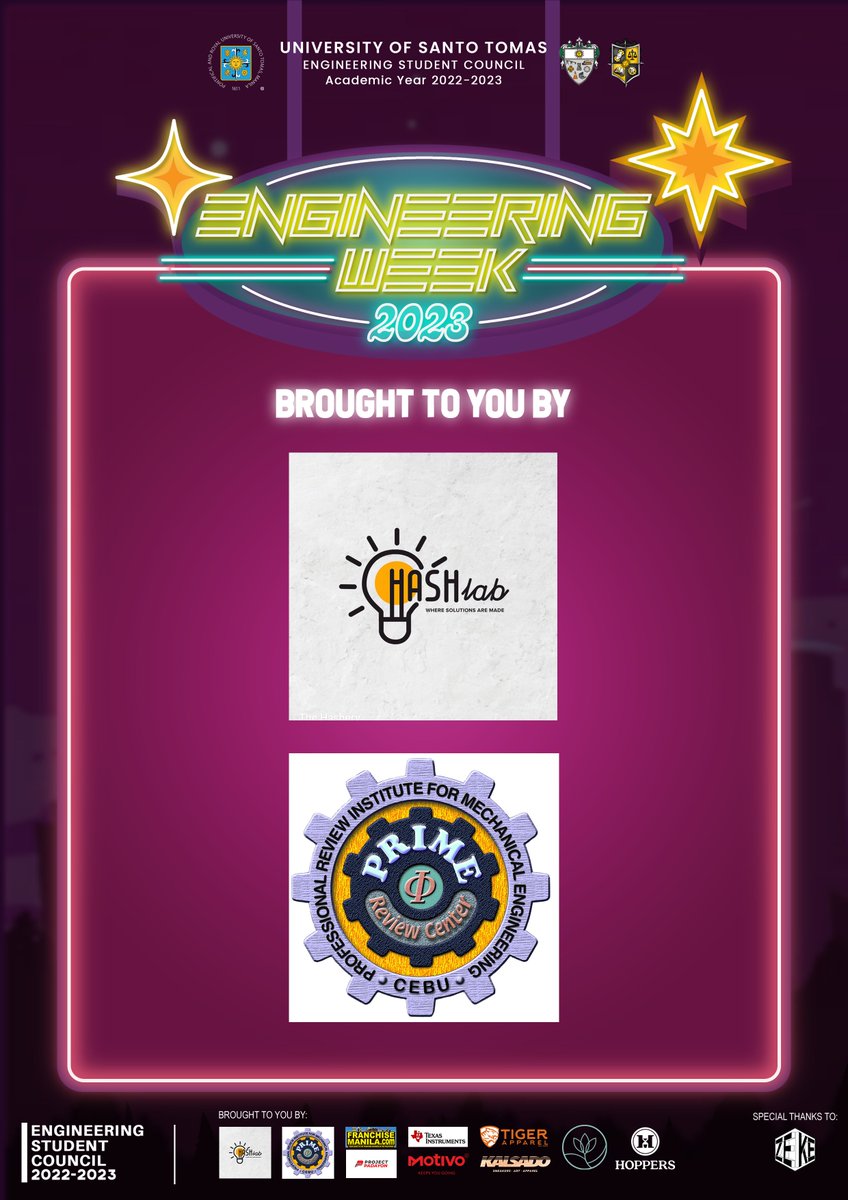 USTESC's tweet photo. The UST Engineering Student Council would like to take this opportunity to recognize our very special sponsors who made this event possible. We express our warmest and sincerest gratitude for your support in this year’s Engineering Week. (1/2)

#EnggWeek2023
#SoENGGcited https://t.co/MKToG0LIUA