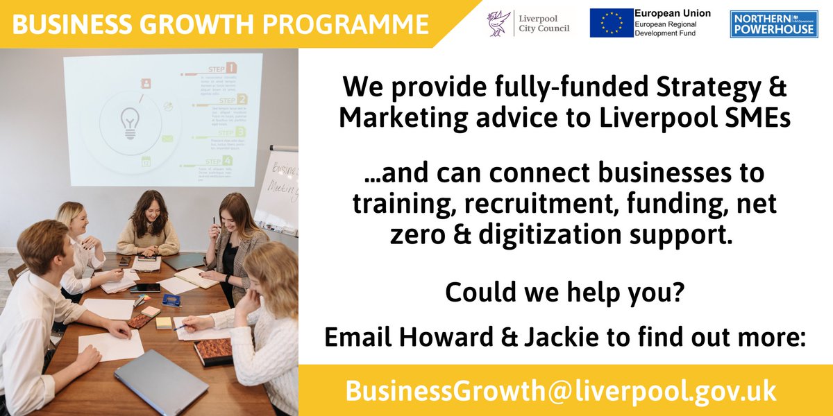 LpoolBizGrowth's tweet photo. 📢#Liverpool #SMEs: Time is running out to access the #BusinessGrowthProgramme⏳

Could our free specialist advice in #Strategy &amp; #Marketing help your #business?🚀

We can also link you with #training #recruitment #funding #NetZero &amp; #digitization support

https://t.co/SU1Ir11coN https://t.co/HxhfxiPYFz