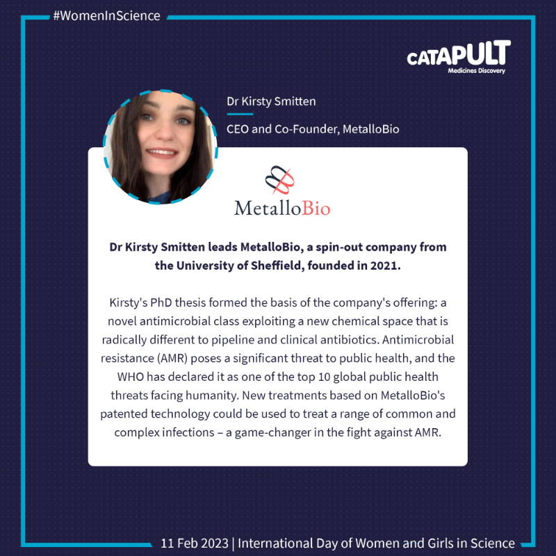 MedDiscCat's tweet photo. 🎉 This week, we are shining a spotlight on some of the successful female scientists we partner with nationwide.
👉 Dr Kirsty Smitten (@SmittenKirsty), CEO and Co-Founder, MetalloBio (@BioMetallo).
#WomenInScience @WomenScienceDay