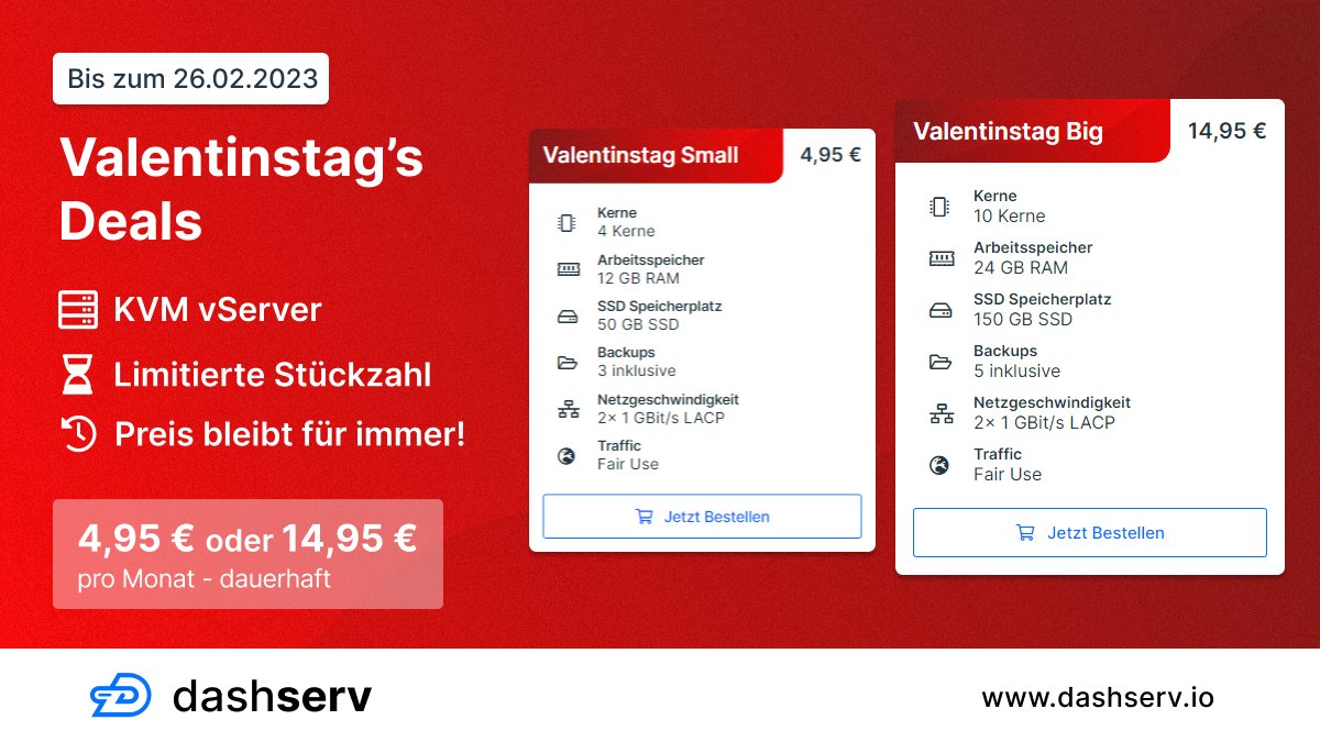 dashservio's tweet photo. 🚀 Passend zum Valentinstag bieten wir ab heute  für 2 Wochen unsere KVM vServer Valentinstag's Deals an . 
So viel Leistung für so wenig Geld gibt es nur bei unseren beliebten Angeboten! ☺️ Begrenzte Stückzahl, also schnell zuschlagen!

Zu den Angeboten: https://t.co/6tpyRRWqwz https://t.co/e14Gr3I39a