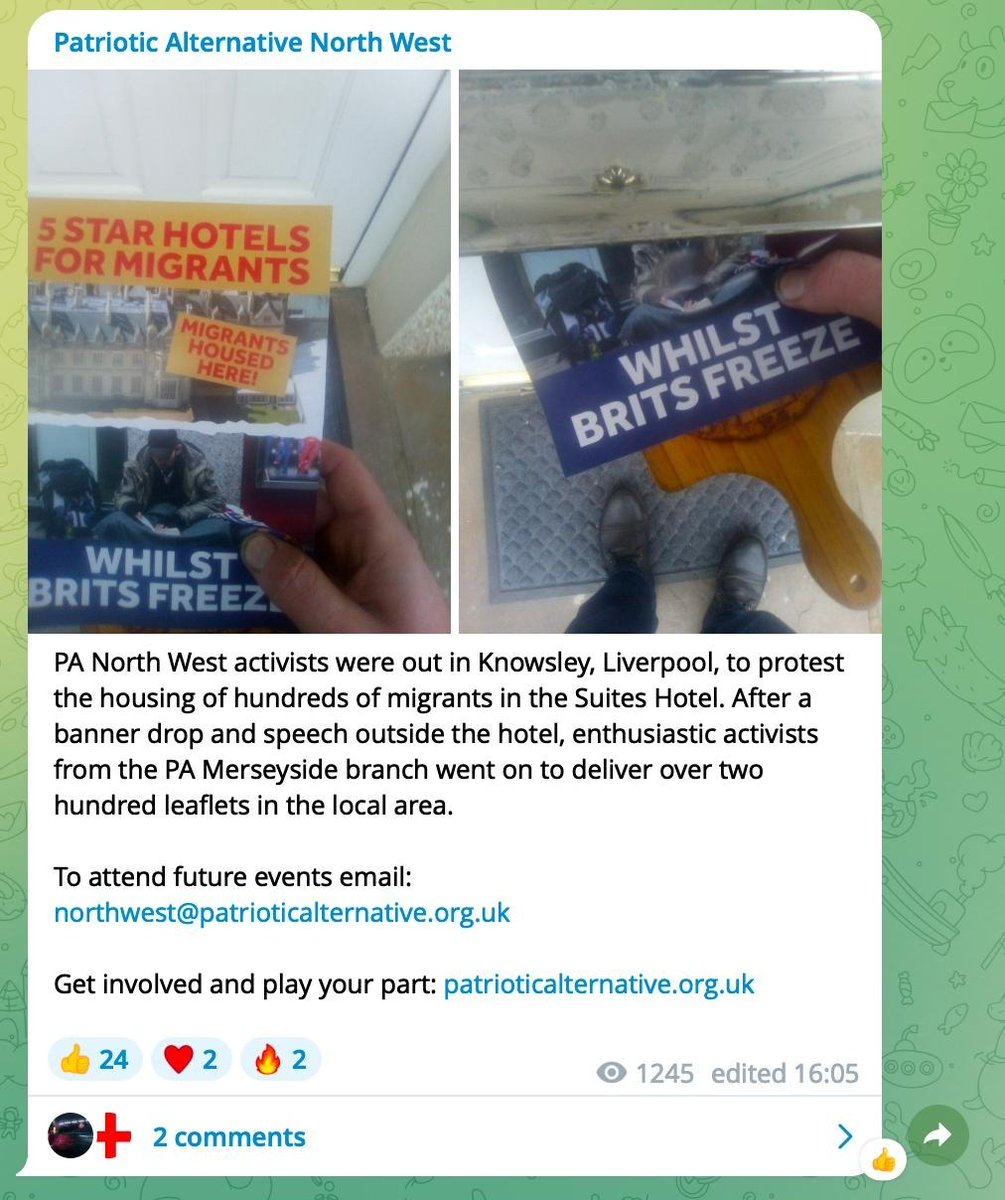 Fascist party Patriotic Alternative (PA) claim to have distributed hundreds of leaflets about the hotel locally in the weeks prior to the protest, attempting to manufacture outrage and recruit to their cause.