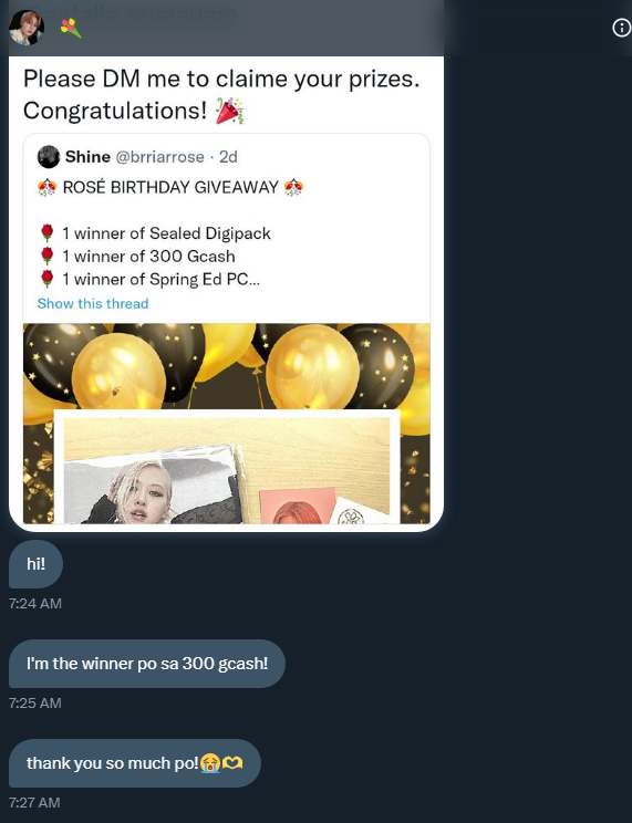 brriarrose's tweet photo. ‼️ SHARING FOR AWARENESS ‼️

Yesterday, since gcash yung napanalunan nya, nasend ko agad yung prize nya. Check photos for proof.

After ko masend, binlock ako, then they change UN. Tapos today, may nagDM ulit sakin using their old UN to claim their prize daw. 🫤

Nakaka-sad. https://t.co/zA3daNyjmH
