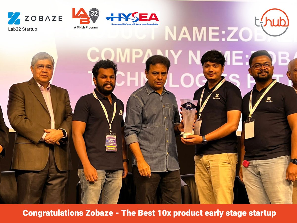 THubHyd's tweet image. #THub is elated to announce that @zobazeapp , a #Lab32 #startup, has won “The Best 10x Product Early-Stage Startup” at the 30th #Hysea Annual Summit. 

#Congratulations to this team of curious young #entrepreneurs.

#InnovateWithTHub