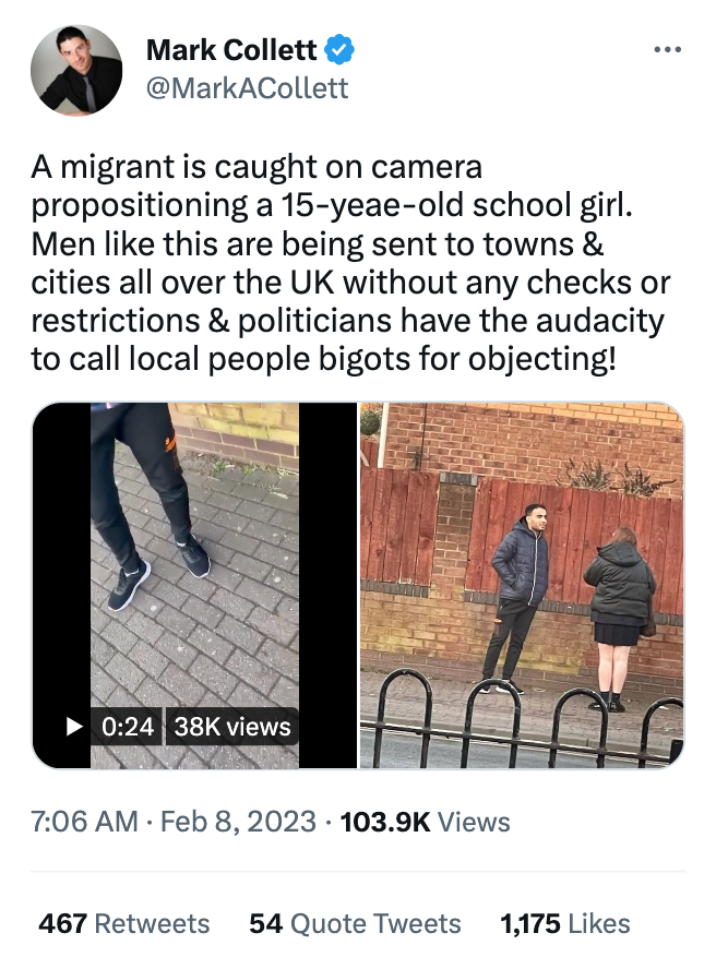 A video of a schoolgirl allegedly being approached for sex by a 25 year-old man two miles from the hotel went viral in the days leading up to the protest. The video was shared by a number of far-right activists with large social media followings including PA leader Mark Collett.