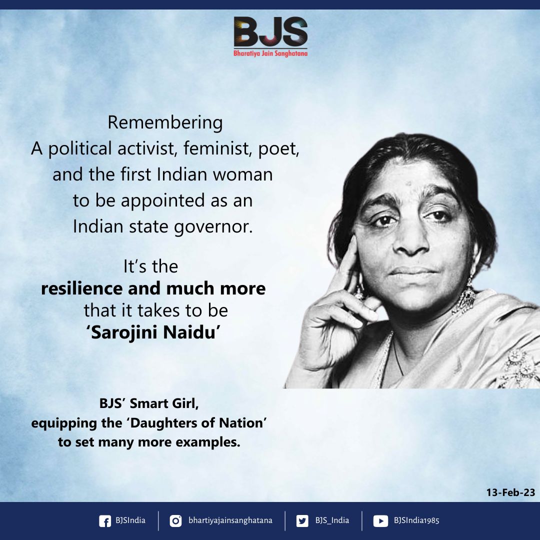 Remembering the eminent personality on her #Birthanniversary.

#WomenEmpowerment #WomenInLeadership #CelebrateWomen #WomenMakingHistory #WomenLeaders #sarojininaidu #indianfreedomfighter #NightingaleofIndia #nationalwomensday #FirstWomanGovernor  #NGO #NGOIndia #BJS #Smartgirl