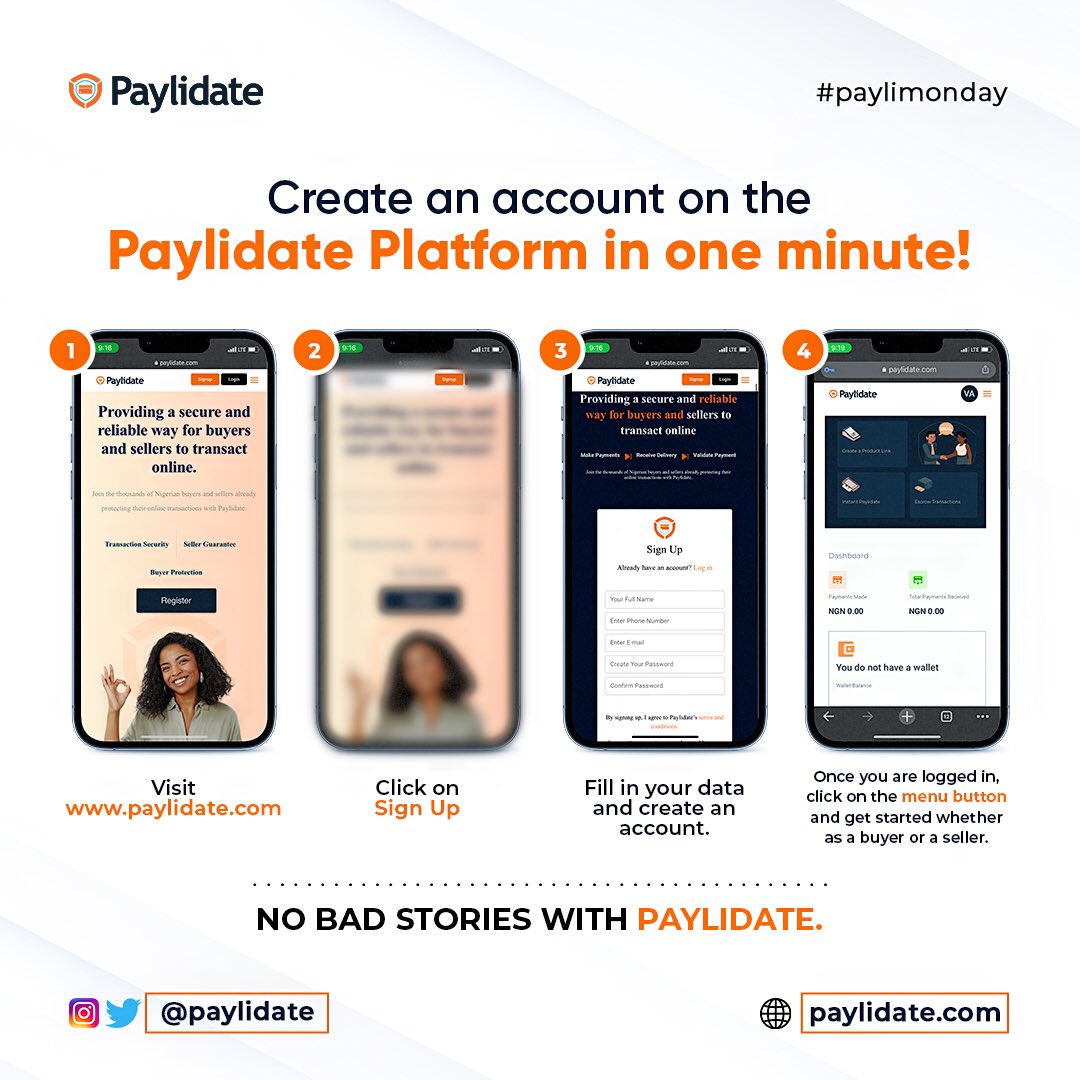 paylidate's tweet photo. You can create an account on Paylidate platform in just a minute!
Follow these quick steps to sign up and enjoy all the beautiful services we offer.
#paylidate #Paymentvalidation #Meethalfway #ecommerce #buyersandsellers https://t.co/kgGyua9Aw9