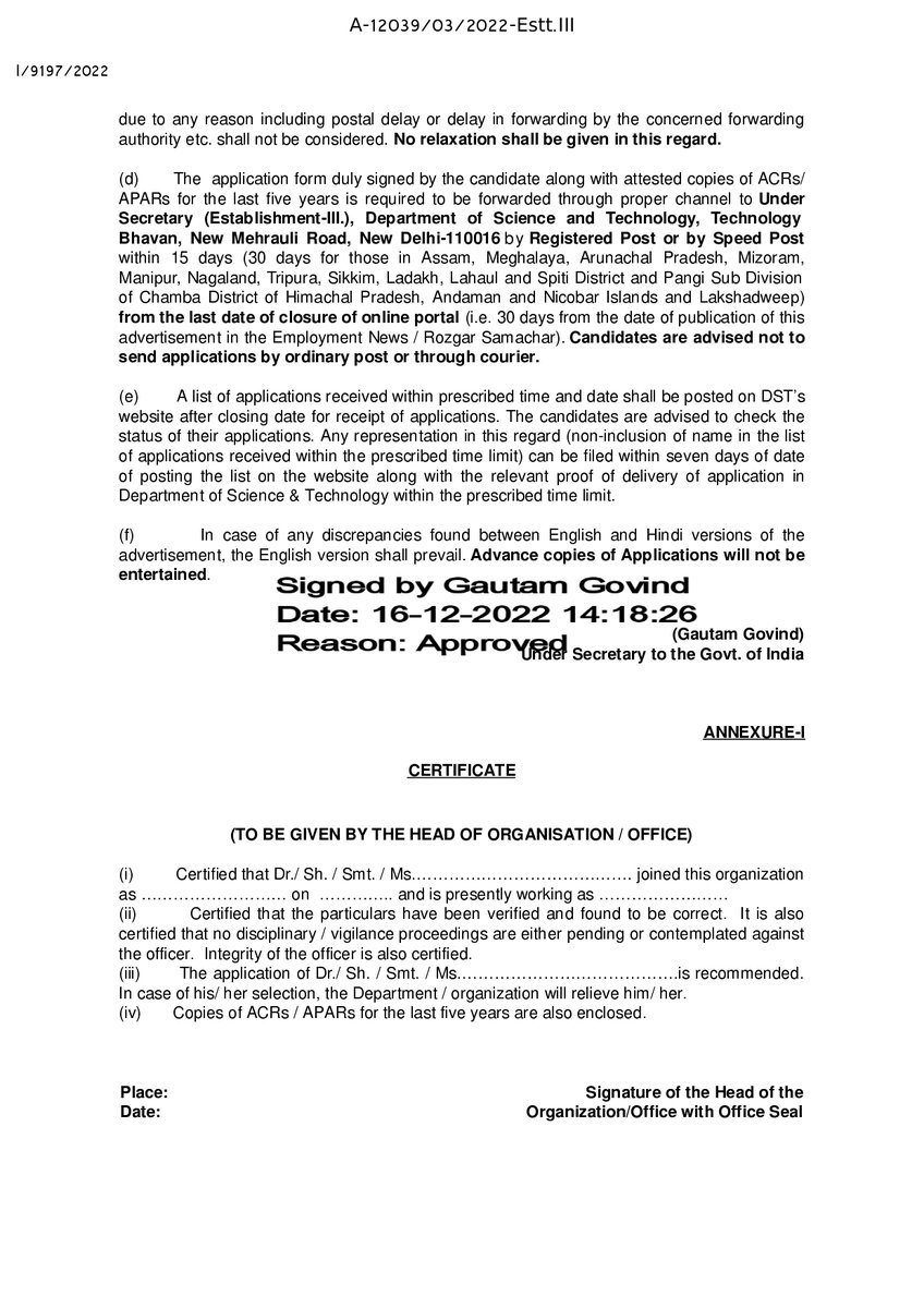 IndiaDST's tweet image. 📢 @IndiaDST invited #applications from #scientists /#technologists for 01 post of Scientist ‘G’ on Deputation (Including Short Term basis (ISTC)) basis.

For More details: dst.gov.in/news/re-advert…