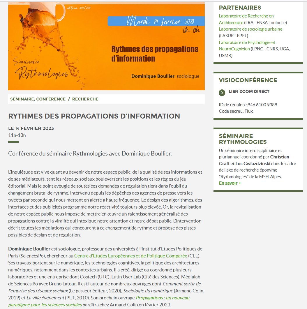 MSH_A's tweet photo. 📌 Séminaire #Rythmologies | Mardi 14/02, 11h
👉 #Rythmes des #propagations d'#information 
🗣️ Dominique Boullier (@SciencesPo_CEE) 
📚 Propagations. Un nouveau paradigme pour les sciences sociales - @ArmandColin à paraître 02/2023
💻 En visioconférence
ℹ️ https://t.co/ds27IkauB3 https://t.co/a5sOWxXfgt