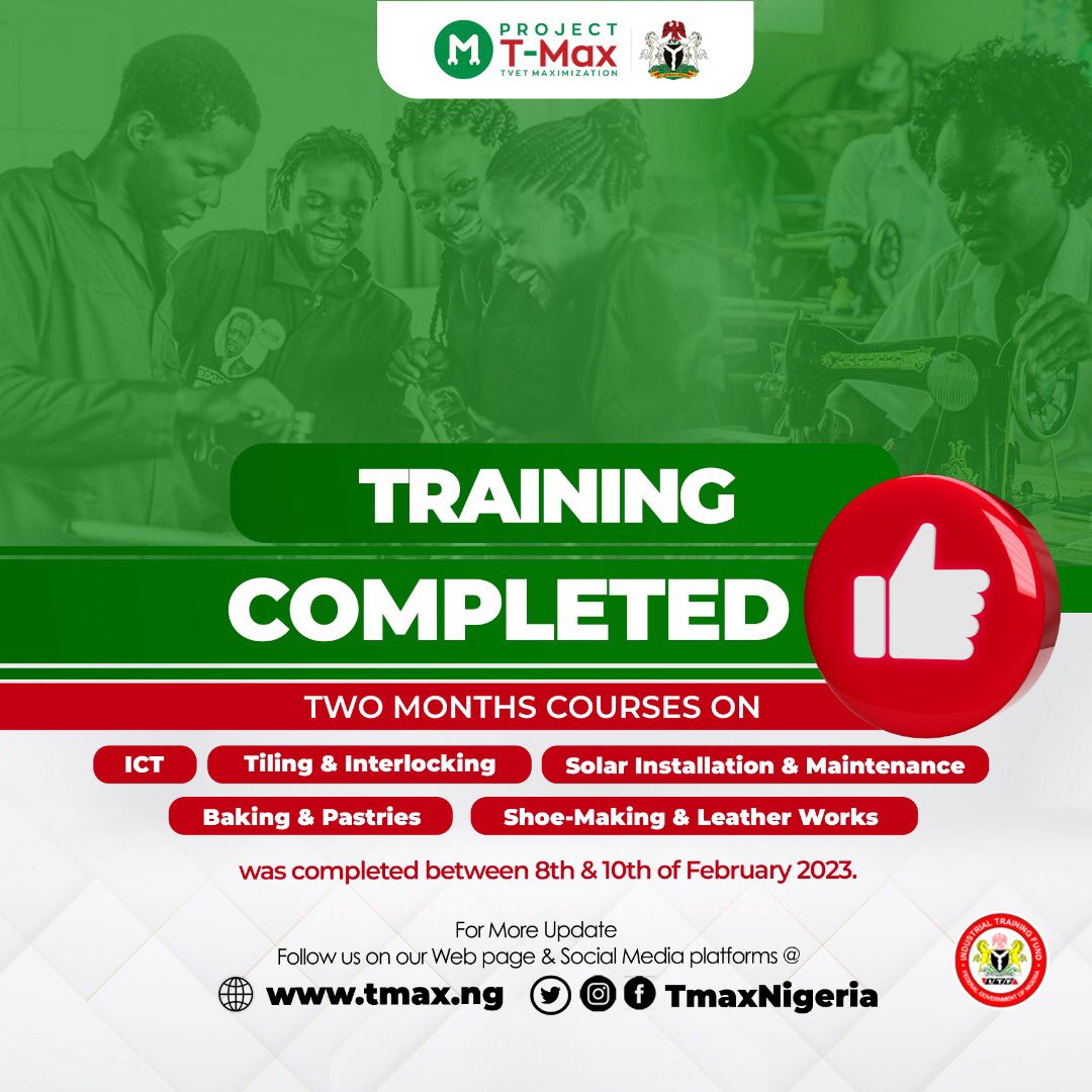 TmaxNigeria's tweet photo. The end of an exciting skills acquisition journey!
Glad to announce the completion of training in the courses above on 10th February 2023!
We wish all graduands success in their endeavors!#ProjectTmax #SkillsDevelopment #tmaxedo #tmaxnigeria https://t.co/pzVwfTkNIw