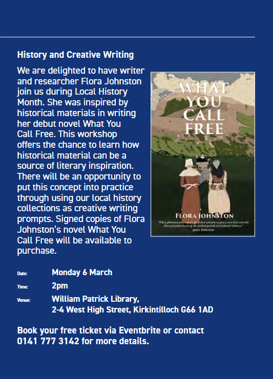 florajowriter's tweet photo. Really looking forward to leading this workshop on History and Creative Writing as part of
@EDLC_Culture local history month. Check out their whole fantastic programme here: https://t.co/emdYNHIi7u
#WhatYouCallFree #localhistory #EastDunbartonshire https://t.co/PkbOp14oaK