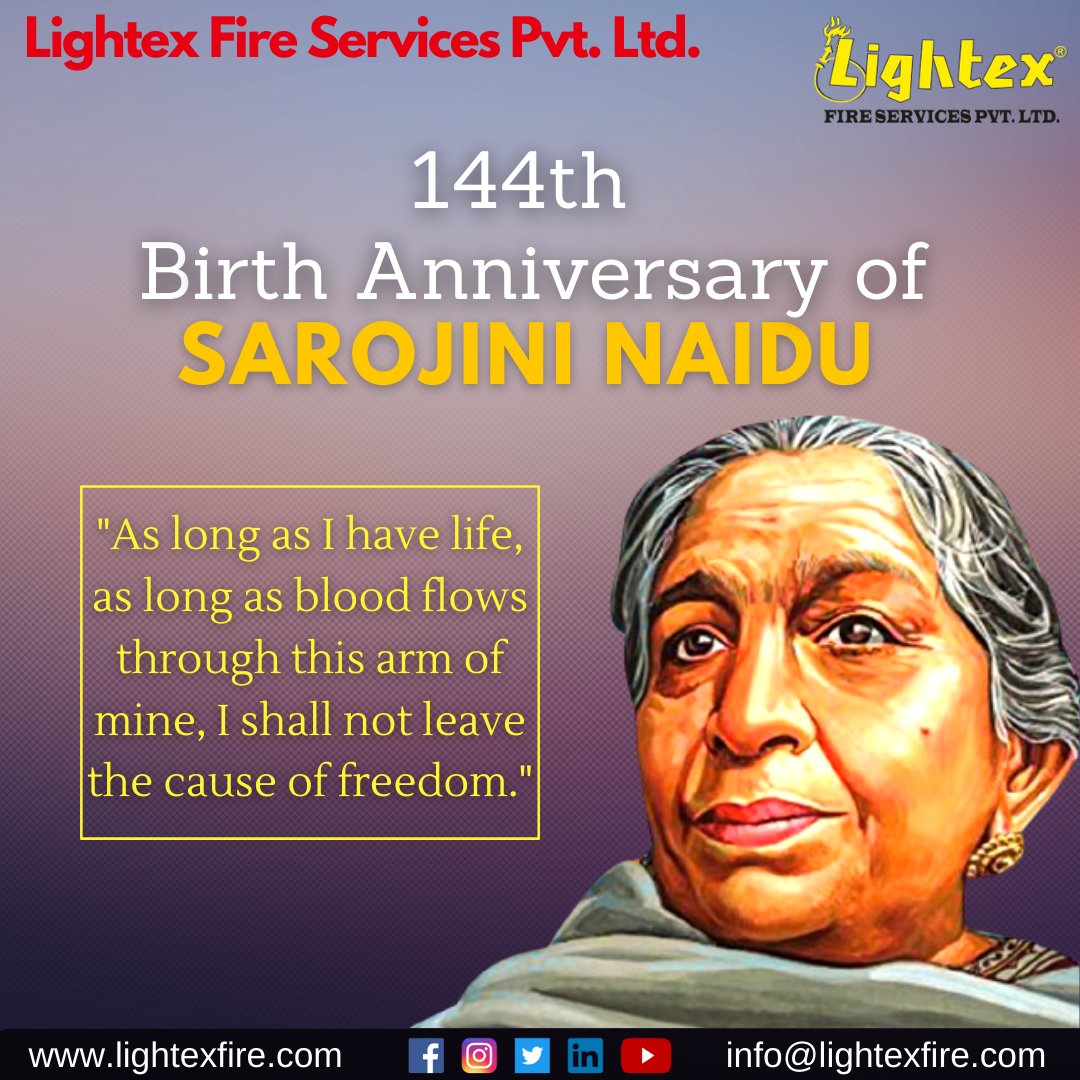 Lightexfire's tweet photo. Let's celebrate the 144th
birth anniversary of the Nightingale of India.
#sarojininaidu #birthanniversary #nationalwomensday #womensday #womensofindia #womenempowerment #safetyfirst #firesafety #firerescue #safety #lightex #fireprevention https://t.co/oHqsHRLck7