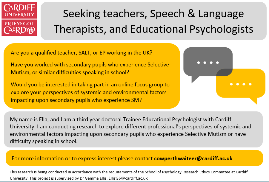 One more space for an EP in our Selective Mutism focus group taking place Thursday 16th Feb at 3:30pm. Contact here or via cowperthwaiteer@cardiff.ac.uk if interested! Also still seeking teachers :) #twittereps #secondaryteachers