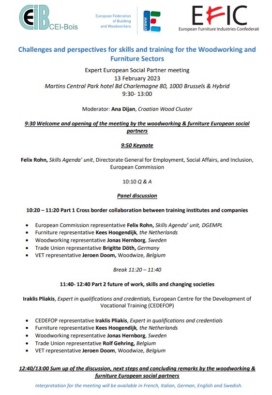 WoodConnect (@woodconnect_) on Twitter photo Delighted to be representing Ireland at the expert European social partners meeting to discuss the Challenges and Perspectives for #skills and #training for the #woodworking & #furniture sectors.
@EFIC_bxl <a href="/EFBWW_/">EFBWW - @efbww.bsky.social</a> <a href="/CEIBois/">CEI-Bois</a> <a href="/atu_ie/">Atlantic Technological University</a>
<a href="/DeptEnterprise/">Department of Enterprise, Tourism and Employment</a> <a href="/Entirl/">Enterprise Ireland</a> <a href="/Education_Ire/">Department of Education and Youth</a> Delighted to be representing Ireland at the expert European social partners meeting to discuss the Challenges and Perspectives for #skills and #training for the #woodworking & #furniture sectors.
@EFIC_bxl <a href="/EFBWW_/">EFBWW - @efbww.bsky.social</a> <a href="/CEIBois/">CEI-Bois</a> <a href="/atu_ie/">Atlantic Technological University</a>
<a href="/DeptEnterprise/">Department of Enterprise, Tourism and Employment</a> <a href="/Entirl/">Enterprise Ireland</a> <a href="/Education_Ire/">Department of Education and Youth</a>