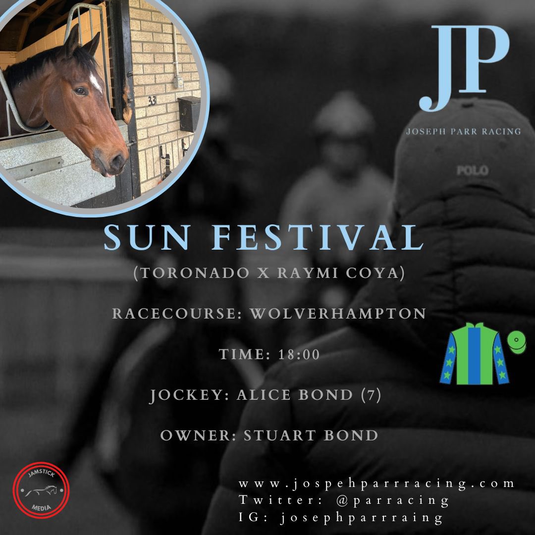 ParrRacing's tweet photo. ☀️ Sun Festival ☀️ heads to @WolvesRaces tonight to run in the 18:00 handicap with stable apprentice @Alicebond1515 taking the mount. Good luck to owner Stuart Bond 🤞🏼#JPracing @JamstickMedia https://t.co/ueGe4TuWgr