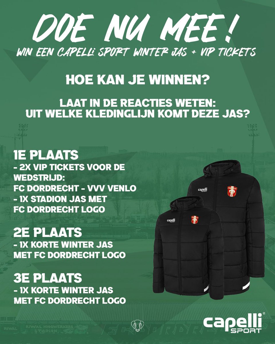 fcdordrechtnl's tweet image. In samenwerking met FC Dordrecht geeft onze kledingsponsor Capelli twee VIP-tickets weg voor de thuiswedstrijd tegen VVVVenlo. Als je deelneemt maak je ook kans op andere toffe prijzen zoals een FC Dordrecht/Capelli Winterjas.

De winnaar zal bekend worden gemaakt op 16 februari!