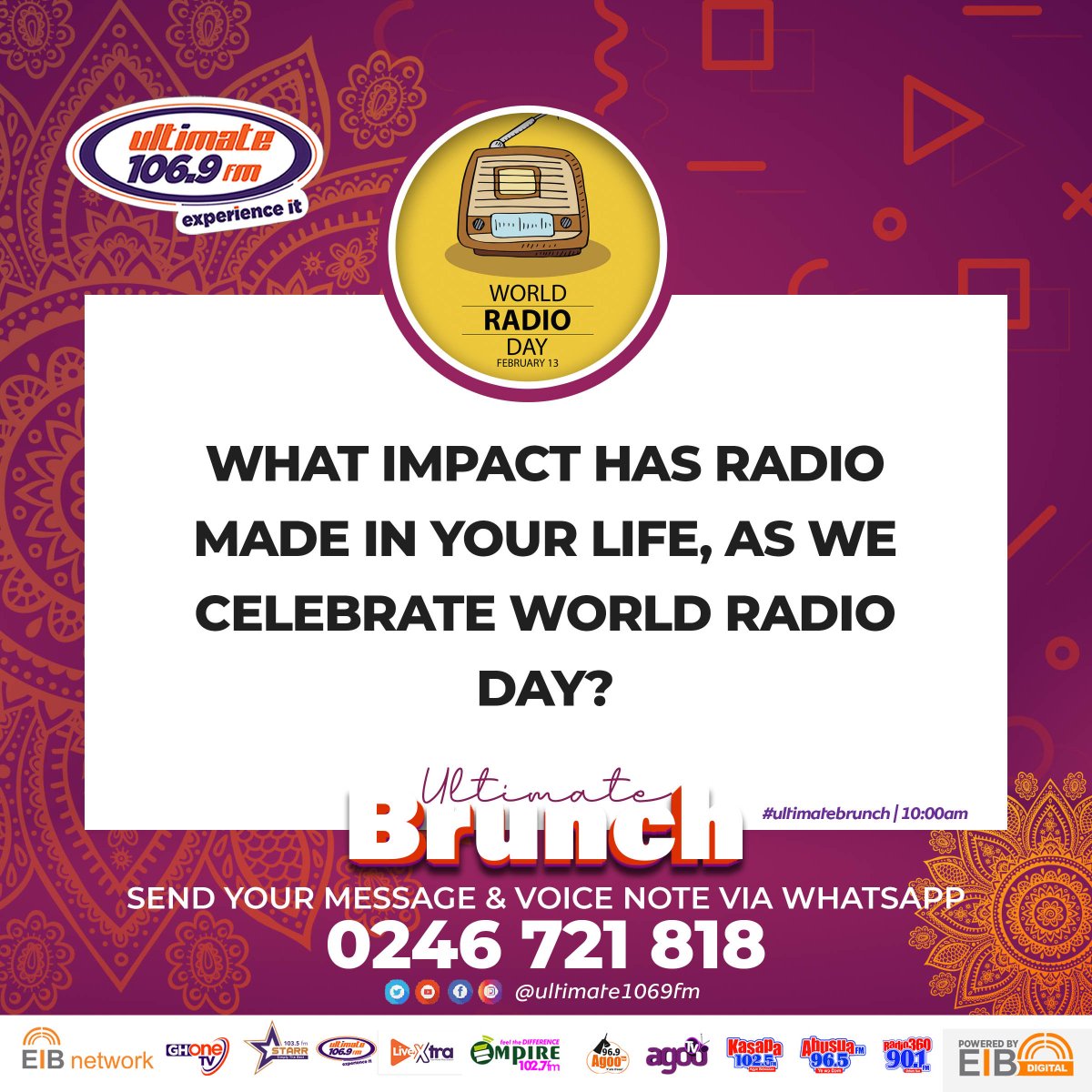 Ultimate1069fm's tweet photo. #WorldRadioDay on #UltimateBrunch w/ @SarahBrefo x @OwusuHilda5 Share your thought with us.
What impact has Radio made in your life, as we celebrate World Radio Day?
#MondayMotivation https://t.co/uwEf6Yjzzs