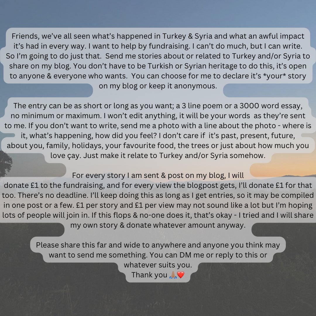 leylandemirel's tweet photo. I want to do what I can to fundraise for Turkey &amp; Syria. So I’m using my blog &amp; sharing stories of Turkey &amp; Syria to raise money. See the text in the photo for more details &amp; please share this everywhere so as many people see it as possible, join in &amp; help 🙏🏽❤️
Any q’s just ask! https://t.co/BMC00XeUU4