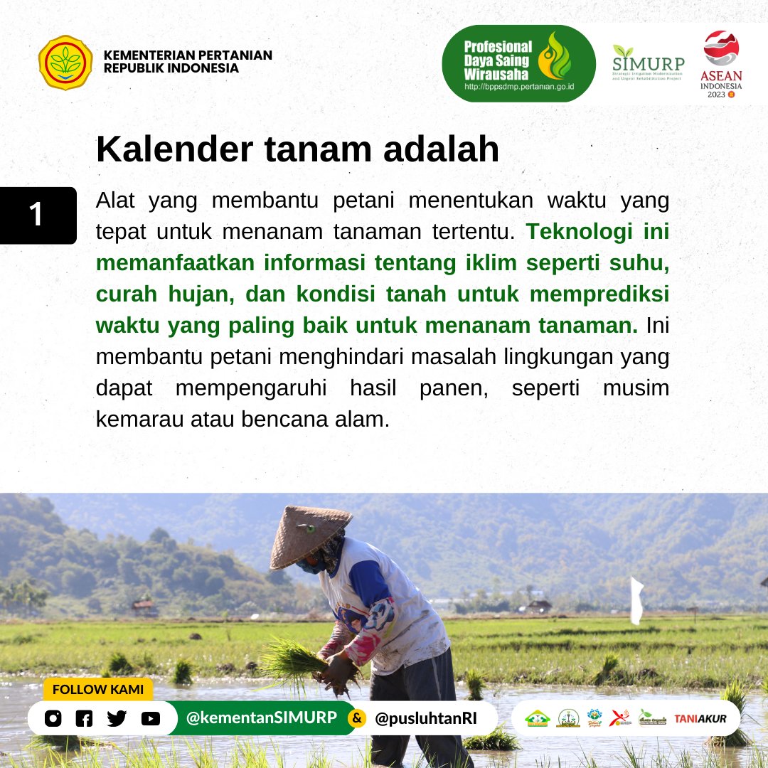 kementansimurp's tweet photo. Sahabat CSA, 

Jangan biarkan perubahan iklim mempengaruhi hasil panenmu! #KalenderTanam adalah solusinya dalam #ClimateSmartAgriculture. Pastikan tanamanmu ditanam pada waktu yang tepat dan raih hasil panen optimal. 

#CSA #AgricultureForClimate #AgricultureTechnology #CSASIMURP https://t.co/ANMseVvQBF