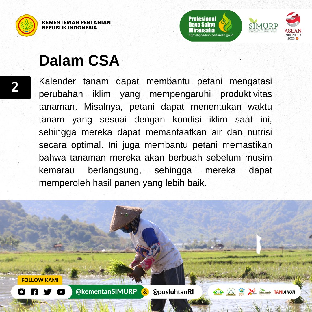 kementansimurp's tweet photo. Sahabat CSA, 

Jangan biarkan perubahan iklim mempengaruhi hasil panenmu! #KalenderTanam adalah solusinya dalam #ClimateSmartAgriculture. Pastikan tanamanmu ditanam pada waktu yang tepat dan raih hasil panen optimal. 

#CSA #AgricultureForClimate #AgricultureTechnology #CSASIMURP https://t.co/ANMseVvQBF